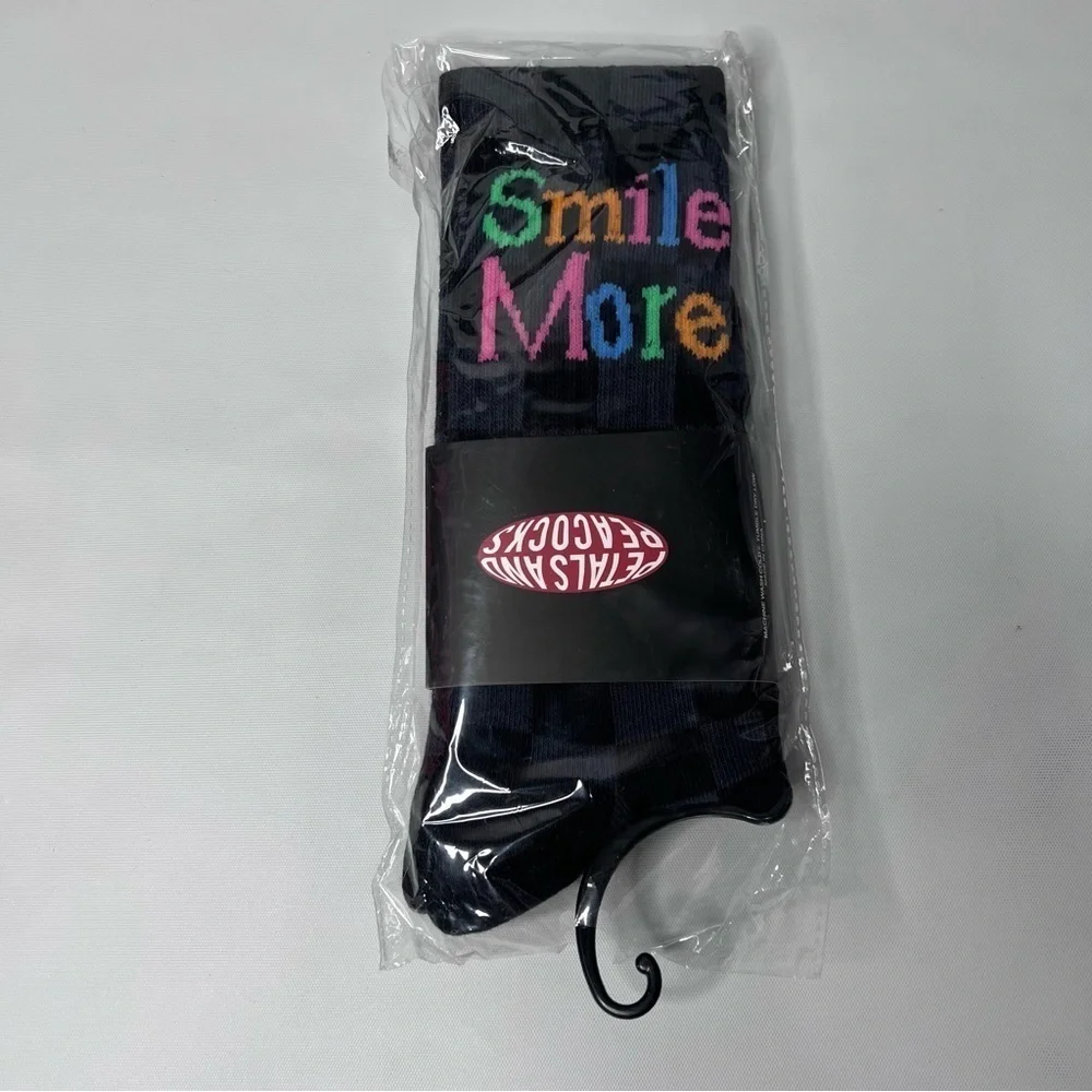 PETALS and Peacocks SMILE MORE Checkered Crew Socks Black Gray NWT